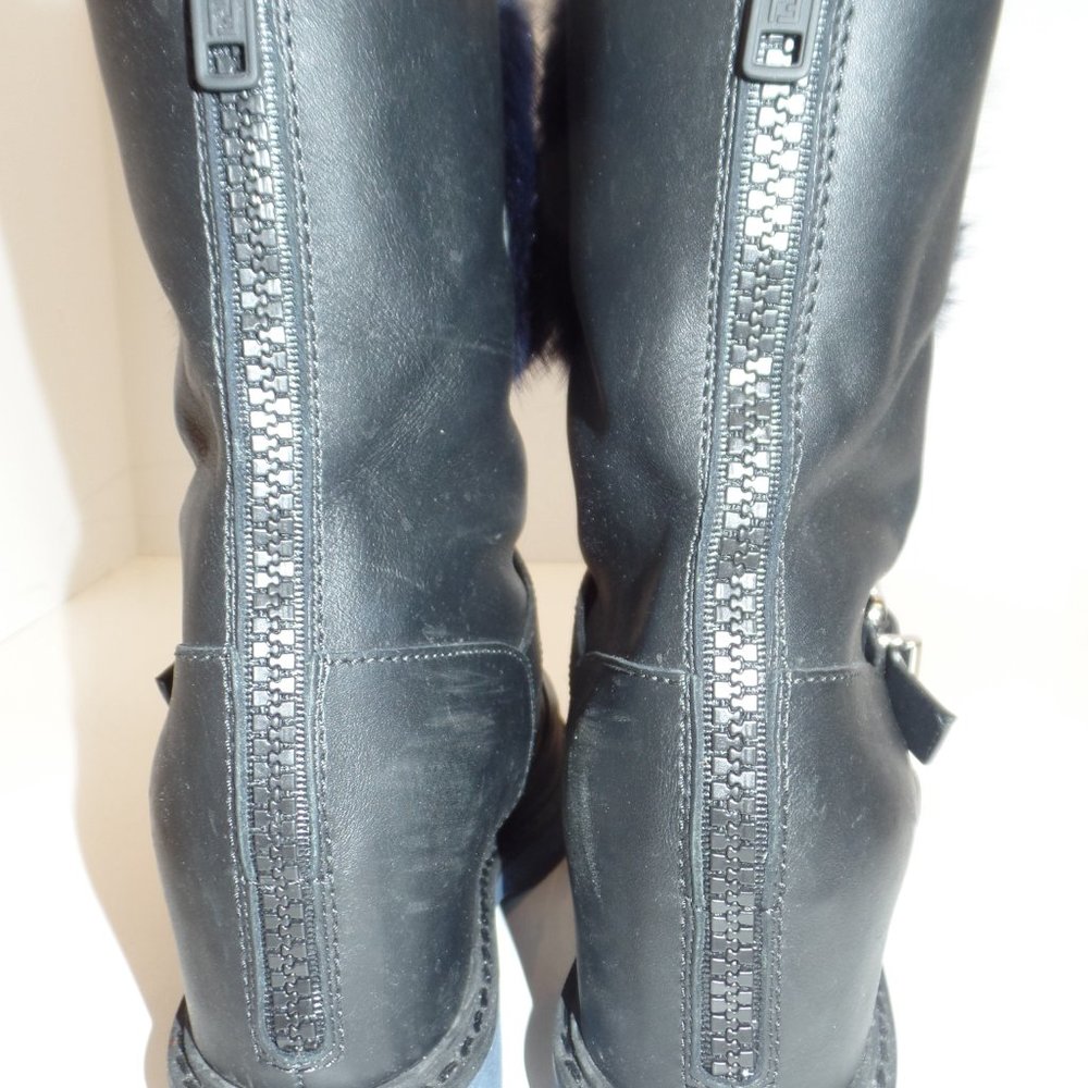 Fendi Caroline Fur Trimmed Buckle Accent Black Leather Boots Sz 39.5 or US Sz 9 - Picture 5 of 16